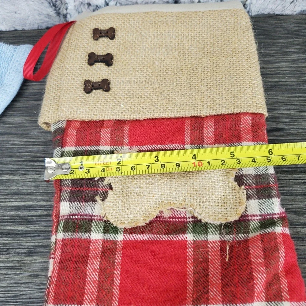 Domain Christmas Red Plaid and Burlap Dog Pet Stocking with Button Bones 16